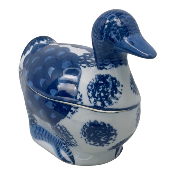 Ceramic Hand Painted Vintage 1960's Duck Shaped Trinket Box Blue & White - Picture 5 of 11